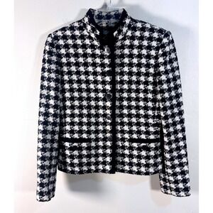 Kasper A.S.L. Black White Houndstooth Wool Blend Blazer Jacket Mandarin Collar 4